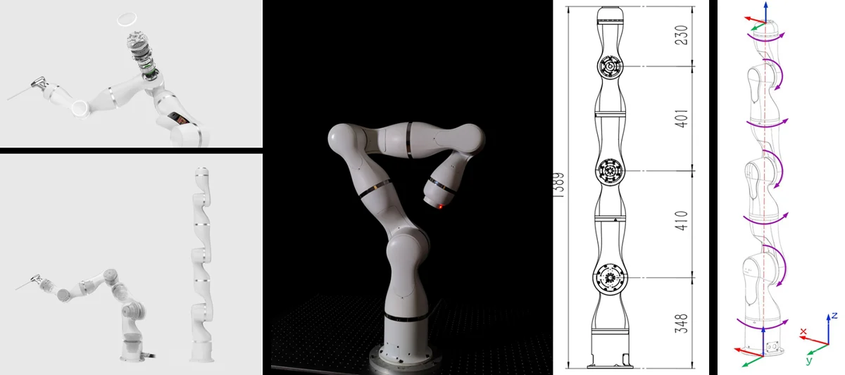 TALON mechanical design, robot rendering and seven-axis kinematic diagrams